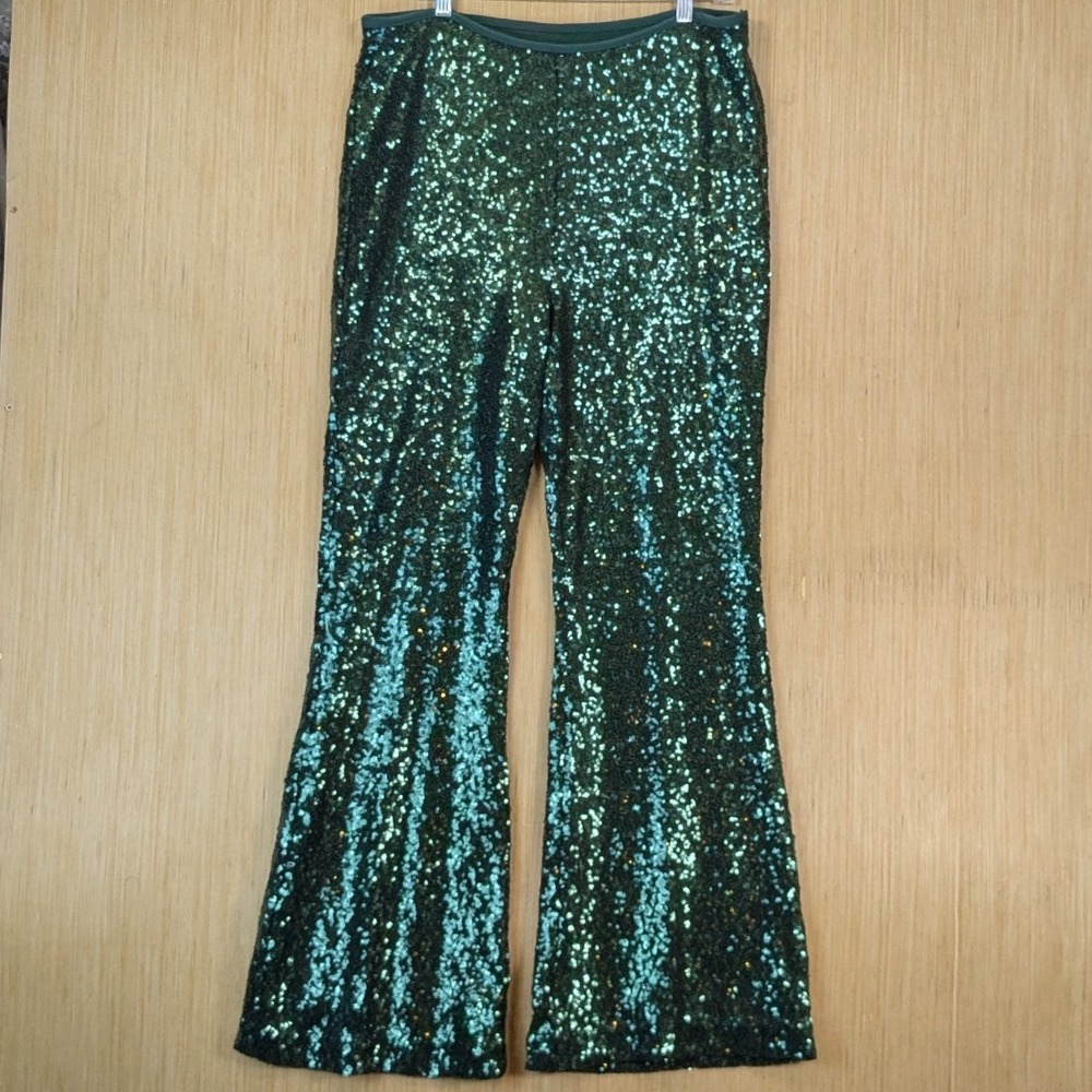 Anthropologie Pants Womens 16 Joni Sequin Flare Bell Bottoms Green Festive Party